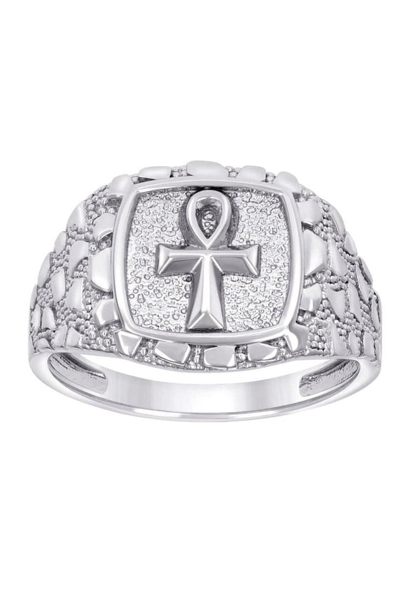 925 Sterling Silver Mens Nugget Egyptian Ankh Cross Religious Ring 14.9x14.9mm Wide Size 11 Ring for Men