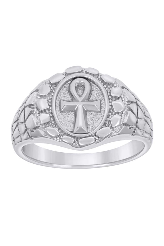 925 Sterling Silver Mens Nugget Egyptian Ankh Cross Religious Ring Size 9