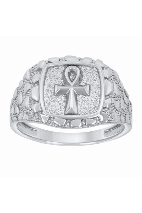 925 Sterling Silver Mens Nugget Egyptian Ankh Cross Religious Ring Size 9