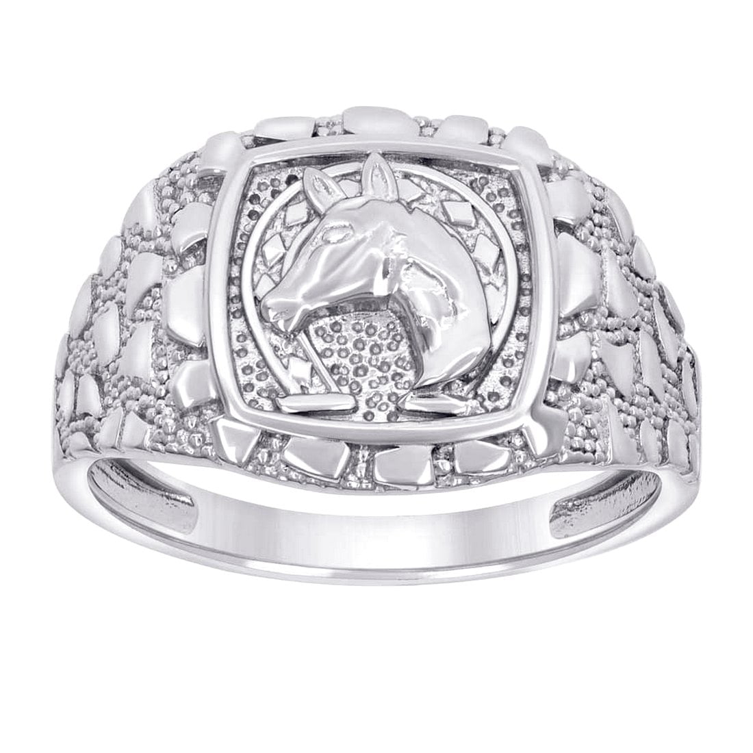 925 Sterling Silver Mens Nugget Horse Head Horseshoe Good Luck Ring ...