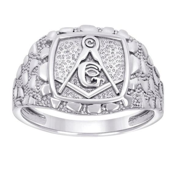 925 Sterling Silver Mens Nugget Masonic Symbol Ring 15x15mm Wide Size 11 Ring for Men - 6.0 Grams