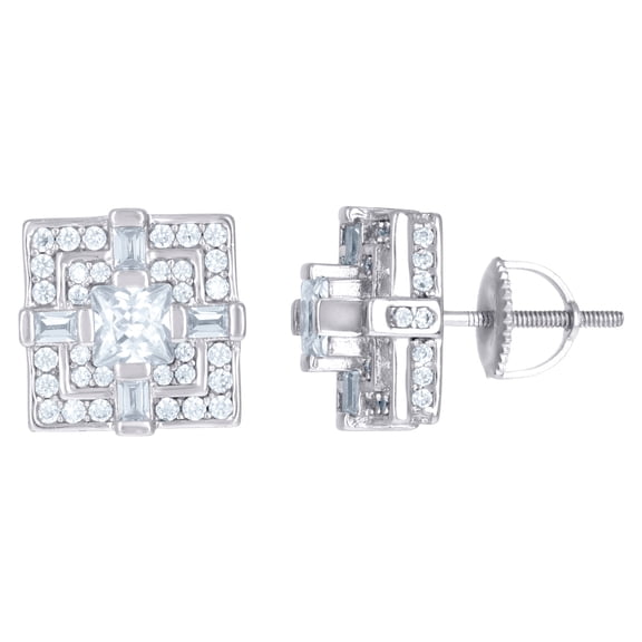 925 Sterling Silver Mens Princess-cut Cubic Zirconia Square Fashion Stud Earrings 11.2x11.2mm Wide Earring for Men