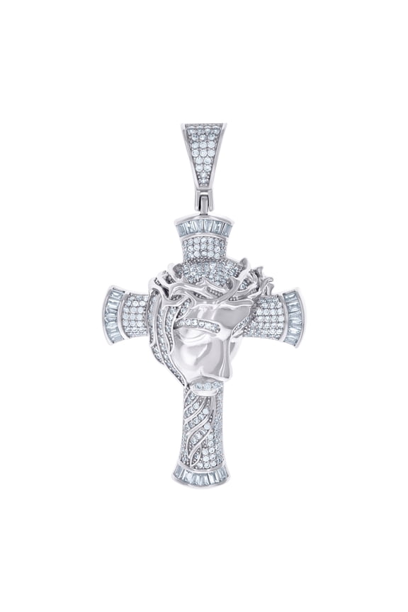 925 Sterling Silver Mens Round Baguette Cubic Zirconia Jesus Face Cross Religious Charm Pendant 59.7x32.9mm Wide Necklac