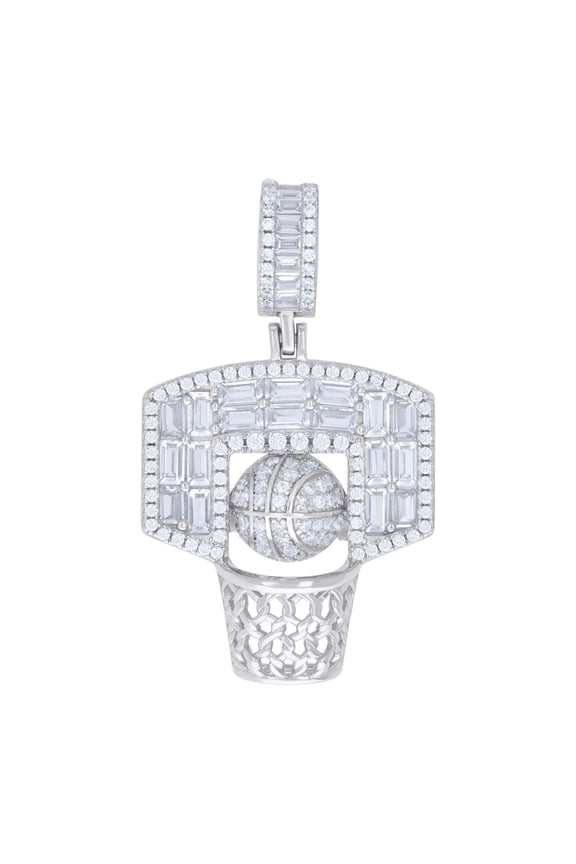 925 Sterling Silver Mens Round Baguette Cubic-Zirconia Basketball Sports Charm Pendant
