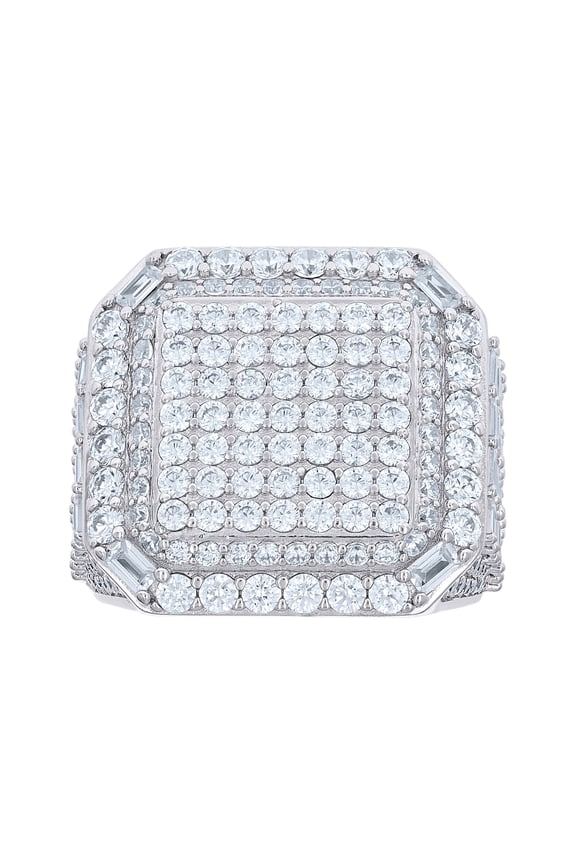 925 Sterling Silver Mens Round Baguette Cubic-Zirconia Cluster Square Head Fashion Ring Size 10