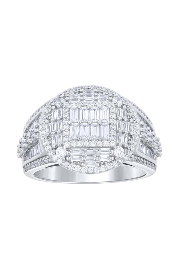 925 Sterling Silver Mens Round Baguette Cubic-Zirconia Round Head Fashion Ring Size 11