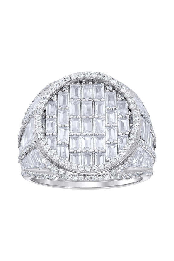 925 Sterling Silver Mens Round Baguette Cubic-Zirconia Round Head Fashion Ring Size 11
