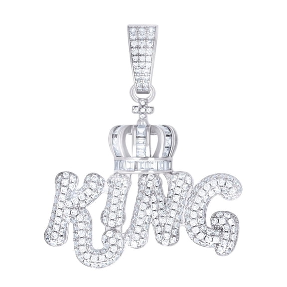 925 Sterling Silver Mens Round Baguette Moissanite King Fashion Charm Pendant 47x36mm Wide Necklace for Men