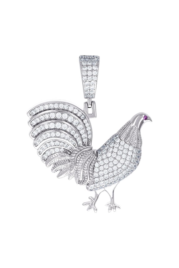 925 Sterling Silver Mens Round Moissanite Rooster Ground Bird Wildlife Charm Pendant 41x31mm Wide Necklace for Men