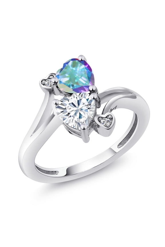 925 Sterling Silver Mercury Mist Mystic Topaz White Moissanite and White Lab Grown Diamond Ring for Women (1.83 Cttw, Heart Shape 6MM, Gemstone Birthstone, Size 5)
