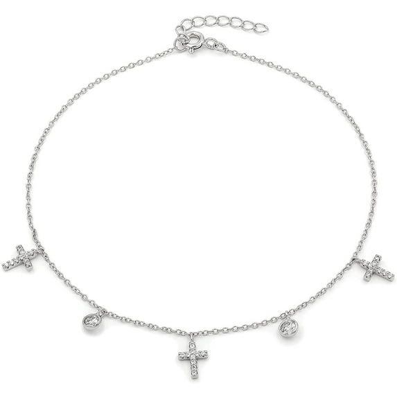.925 Sterling Silver Micro Pave Cross Religious Charm Anklet, Cubic Zirconia Ankle Bracelet, Giorgio Bergamo Silver