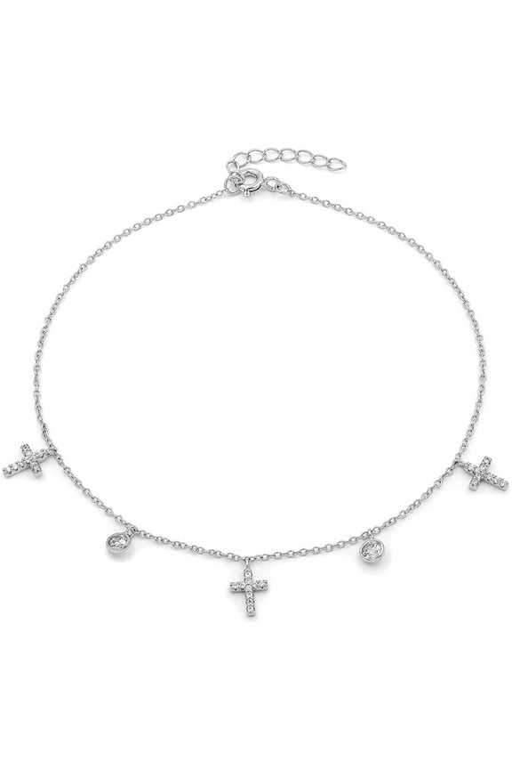 .925 Sterling Silver Micro Pave Cross Religious Charm Anklet, Cubic Zirconia Ankle Bracelet, Giorgio Bergamo Silver