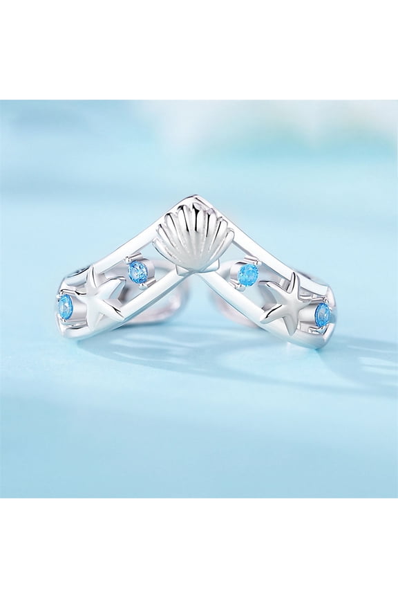 925 Sterling Silver Micro Pave Cubic Zirconia Cuff Rings Shell Shape Starfish Adjustable with S925 Stamp Silver US Size 8(18.1mm)