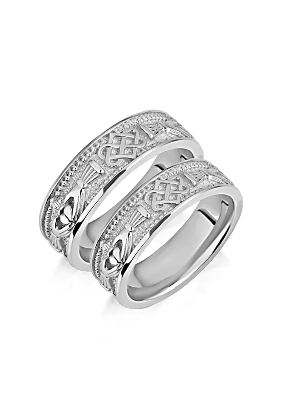 925 Sterling Silver Milgrain Irish Celtic Claddagh Trinity Knot Heart Crown Unisex Band Ring Set (Size 10)
