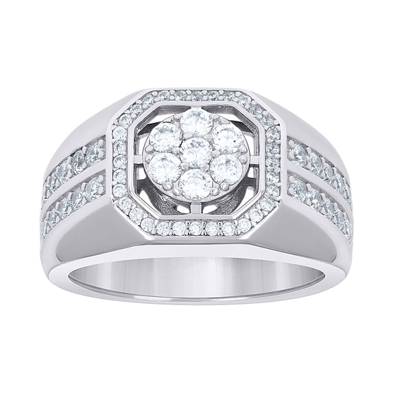 925 Sterling Silver Moissanite Statement 2 Row Flower Center Octagon Halo Pinky Ring 1.55 CT | Size 10