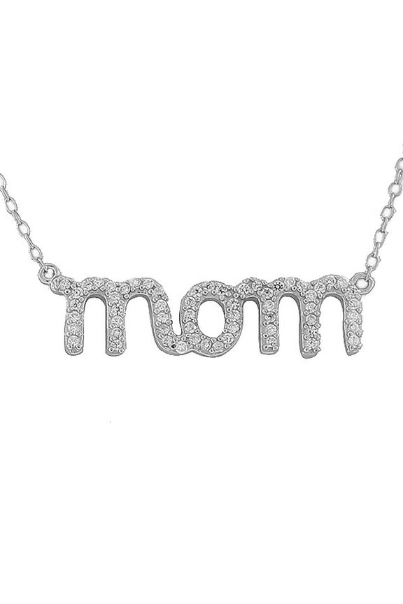 925 Sterling Silver Mom Mother Charm White CZ Pendant Necklace with Chain