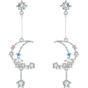 AWAREISN 925 Sterling Silver Moon And Star Earrings For Women Girl Diamond Dangle Tassel Earrings Cubic Zirconia Drop Earring Jewelry