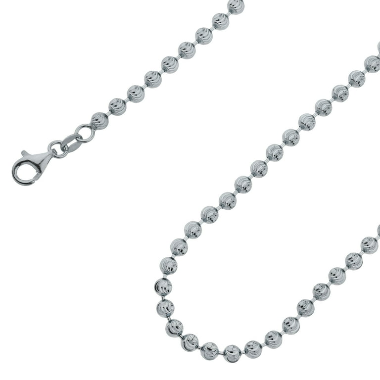 925 Sterling Silver, Moon Cut Bead Ball Rhodium Chain 4mm Necklace