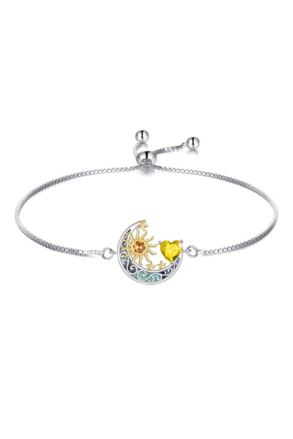 925 Sterling Silver Moon and Sun Star Adjustable Link Bracelet for Women Citrine November Birthstone Birthday Jewelry