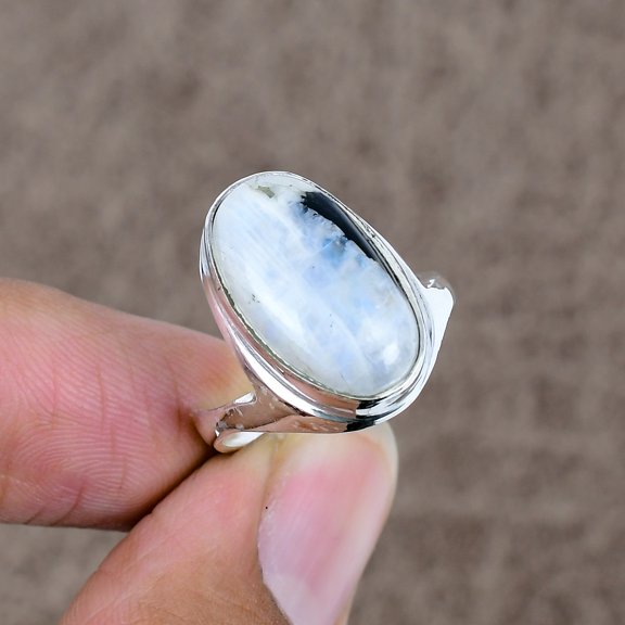 925 Sterling Silver Moonstone Genstone Handmade Jewelry Ring Size 9