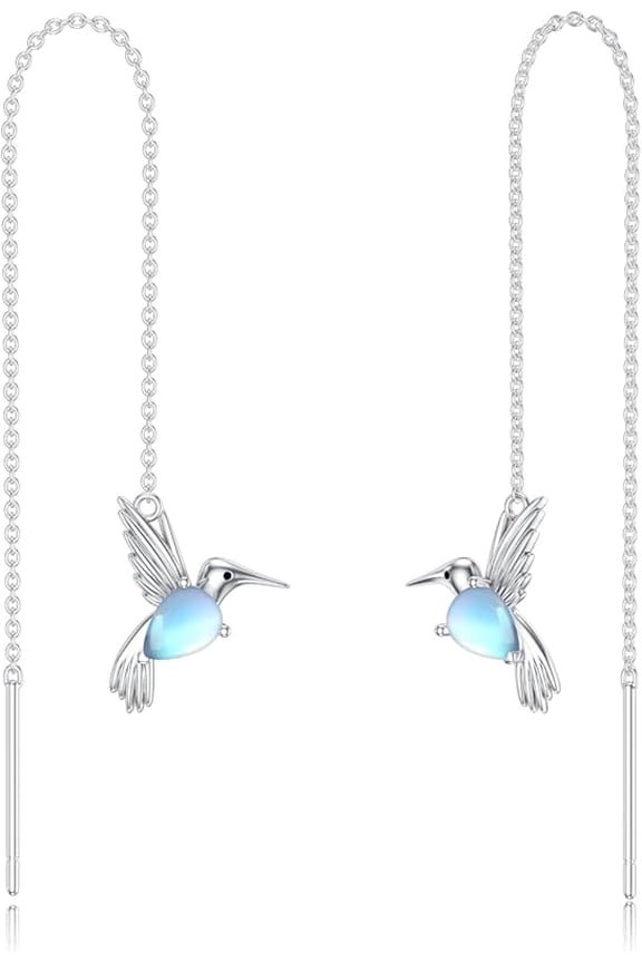 925 Sterling Silver Moonstone Long Chain Earrings Hummingbird/Cat/Clover with June Birthstone Threader Earrings for Women