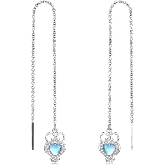 925 Sterling Silver Moonstone Long Chain Earrings Hummingbird/Cat/Clover with June Birthstone Threader Earrings for Women