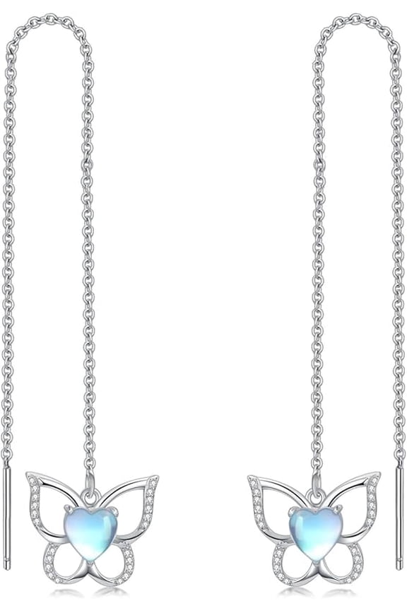 925 Sterling Silver Moonstone Long Chain Earrings Hummingbird/Cat/Clover with June Birthstone Threader Earrings for Women