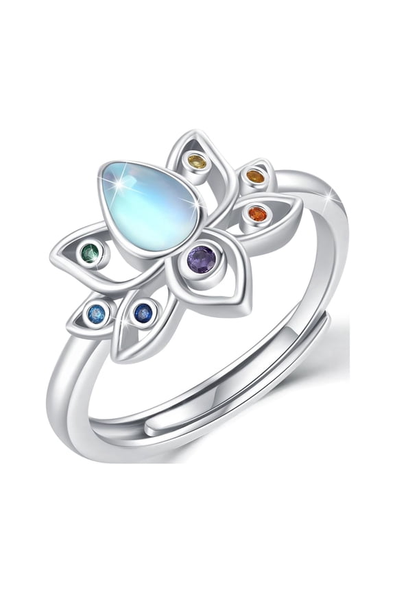 925 Sterling Silver Moonstone Lotus Ring for women Lotus Flower Chakra Ring Yoga Adjustable Protecting Jewelry Gifts for Birthday Christmas #9