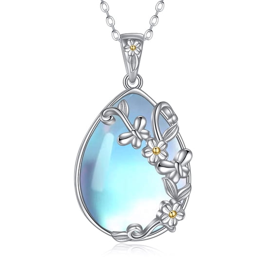 925 Sterling Silver Moonstone Necklace Filigree Teardrop Daisy Butterfly Pendant Necklace Jewelry for Women (C-Daisy Butterfly Moonstone)