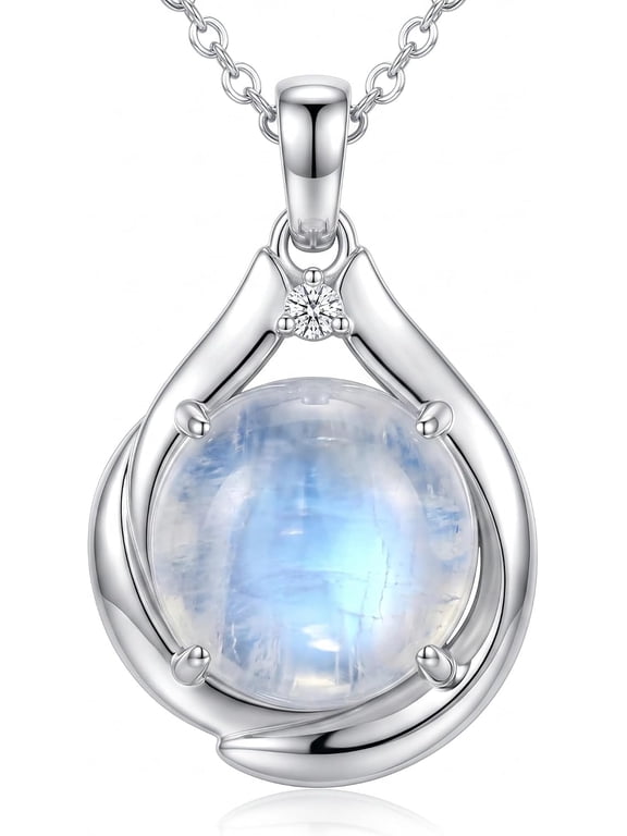 925 Sterling Silver Moonstone Pendant Necklace for Women 15mm Blue Flash Moonstone with Lab Grown Diamond Accent Dainty Moon Gemstone Jewelry Gift for Women Her Anniversary Birthday