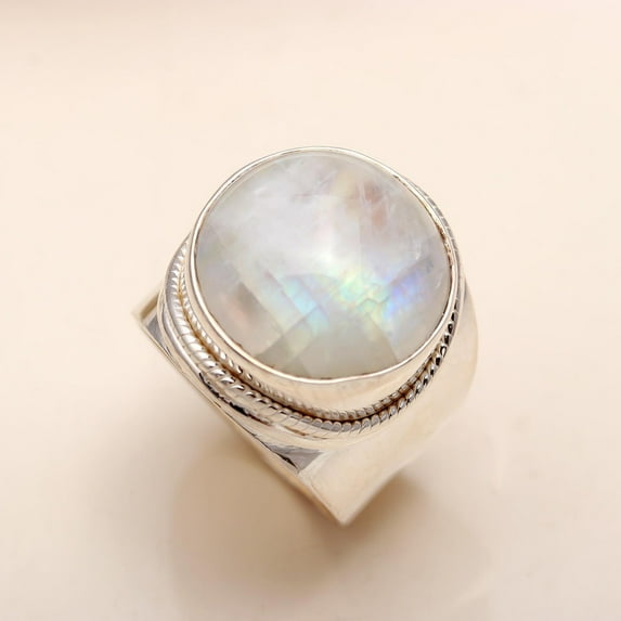 925 Sterling Silver Moonstone Statement Ring – Handmade Designer Boho Ring for Women, Rainbow Moonstone Jewelry