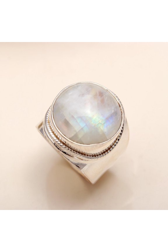 925 Sterling Silver Moonstone Statement Ring – Handmade Designer Boho Ring for Women, Rainbow Moonstone Jewelry