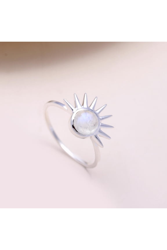925 Sterling Silver Moonstone Sunburst Ring | Handmade Celestial Jewelry | Sun Inspired Gemstone Ring | Boho Silver Statement Ring