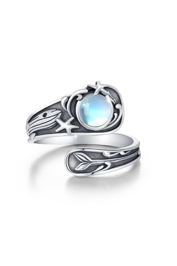 925 Sterling Silver Moonstone Whale Spoon Ring Whale Spoon Adjustable Thumb Ring for Women Cute Vintage Jewelry Birthday Christmas Gifts