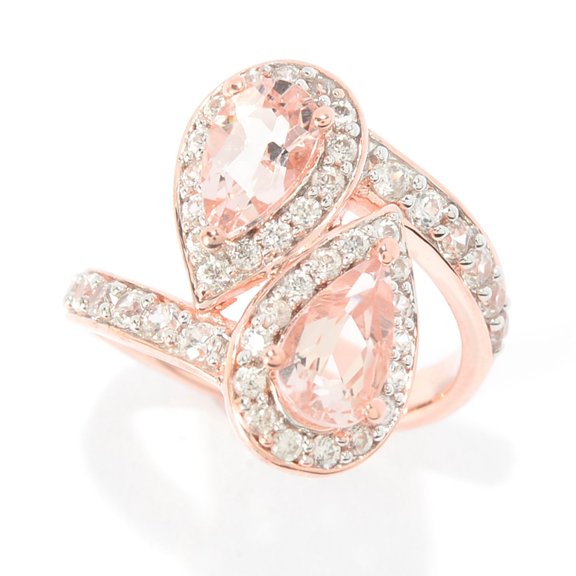 925 Sterling Silver Morganite, White Natural Zircon Bypass Ring
