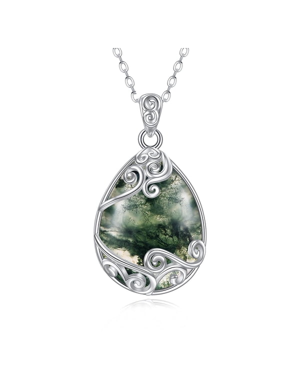 925 Sterling Silver Moss Agate Necklace Filigree Teardrop Pendant Necklace Moss Agate Jewelry for Women (O-Moss Agate Filigree Necklace)