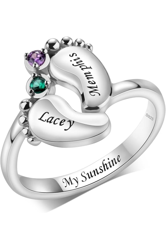 925 Sterling Silver Mothers Rings with 2 Birthstones and Names Personalized Feet Birthstones Rings for Mom Customize Mother Birthstone Ring for Christmas Mothers Day