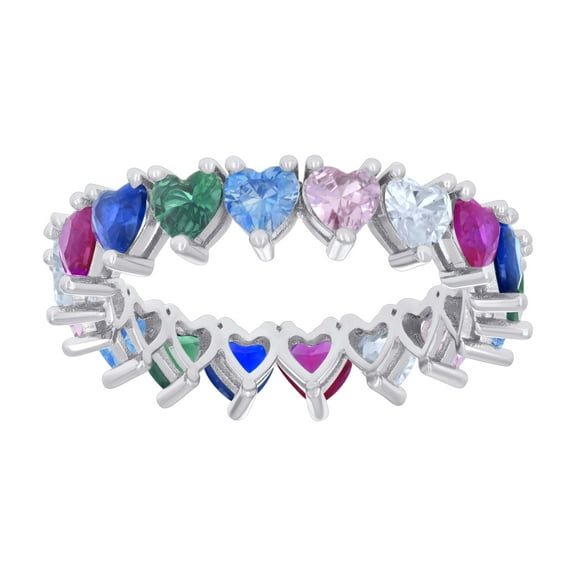 925 Sterling Silver Multi-Color Heart Cubic Zirconia Women's Eternity Wedding Band CZ Anniversary Ring | Size 6
