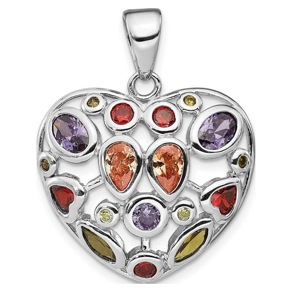 925 Sterling Silver Multi-Colored CZ Heart (25x25mm) Pendant / Charm