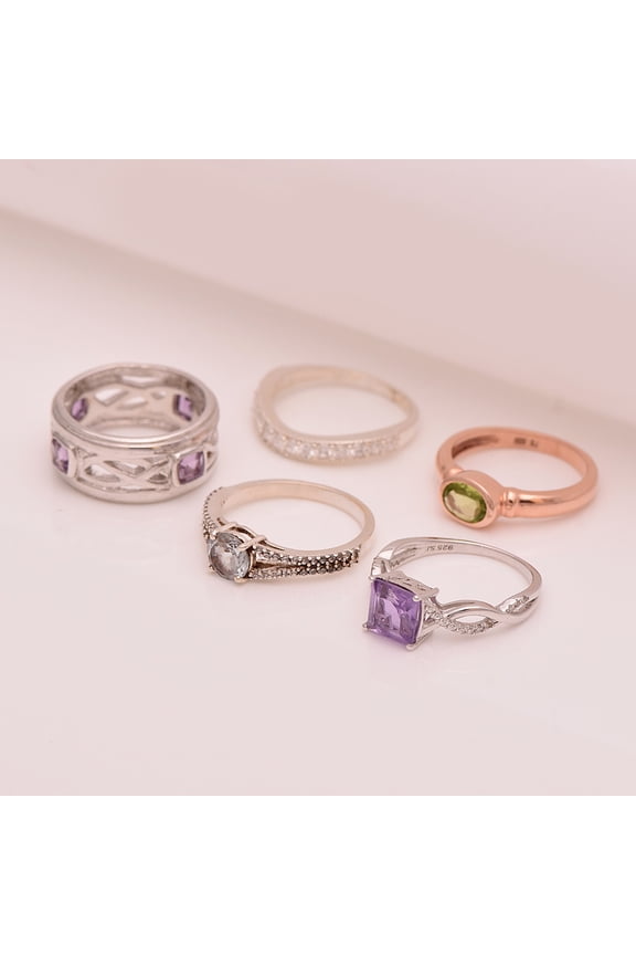 925 Sterling Silver Multi Gemstone Solitaire with Accents 5 Pcs Combo Women Ring