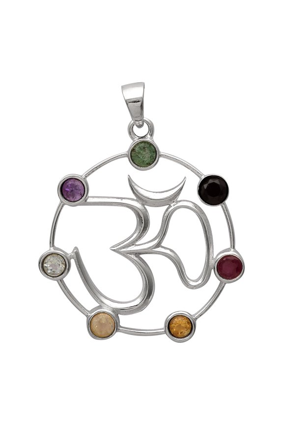 925 Sterling Silver Multi Stone Om Religious Pendant Jewelry