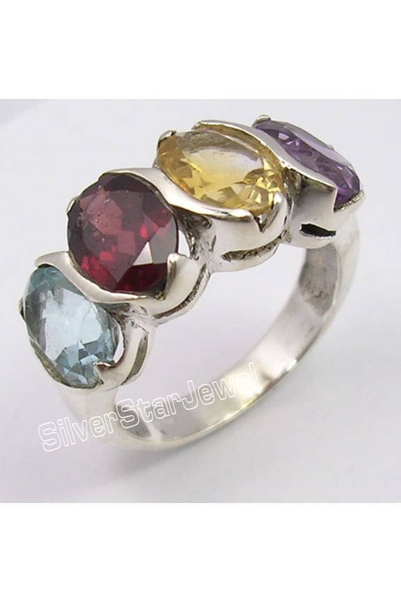 925 Sterling Silver Multicolor 4 Gemstones Retro Style Ring Size 6.5 Artisan