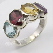 925 Sterling Silver Multicolor 4 Gemstones Retro Style Ring Size 9 Artisan