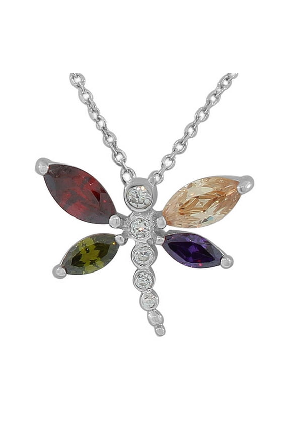 925 Sterling Silver Multicolor CZ Dragonfly Pendant Necklace Chain