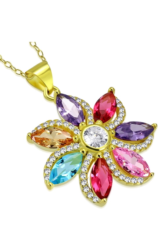 925 Sterling Silver Multicolor CZ Flower Floral Bright Pendant Necklace, 18"