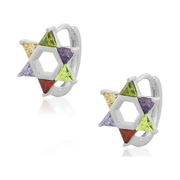 925 Sterling Silver Multicolor CZ Jewish Star of David Hoop Huggie Earrings