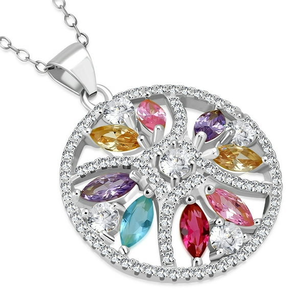 925 Sterling Silver Multicolor CZ Round Circle Bright Pendant Necklace, 18"