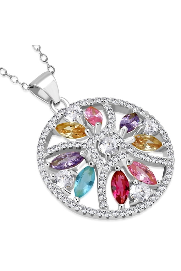 925 Sterling Silver Multicolor CZ Round Circle Bright Pendant Necklace, 18"