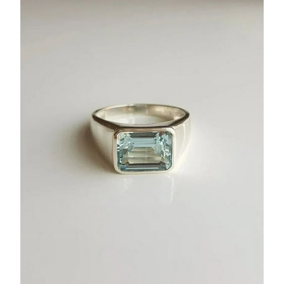 925 Sterling Silver, Natural Aquamarine Gemstone Ring, Decent Signature Men Ring