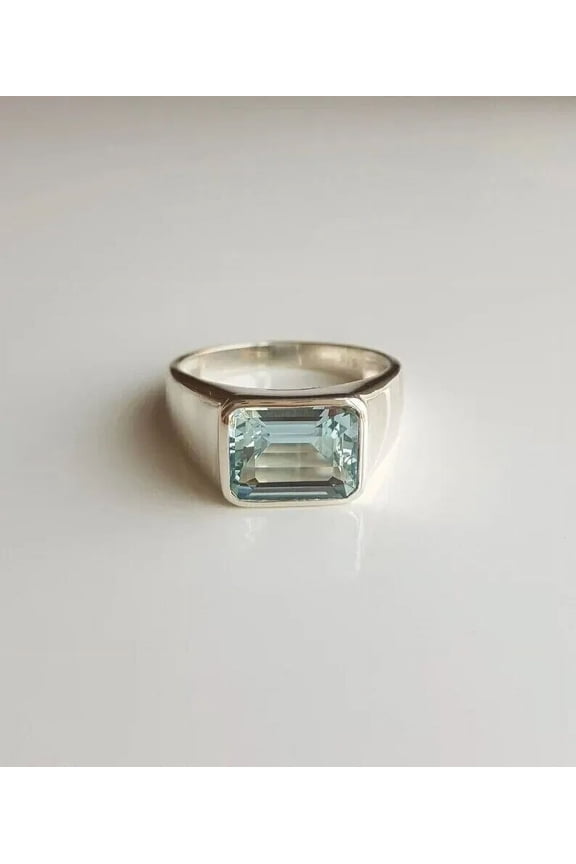 925 Sterling Silver, Natural Aquamarine Gemstone Ring, Decent Signature Men Ring